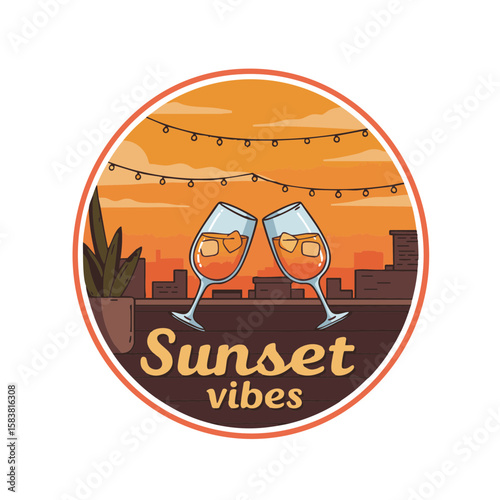 Clinking Glasses and ‘Sunset Vibes’ Rooftop Badge Icon