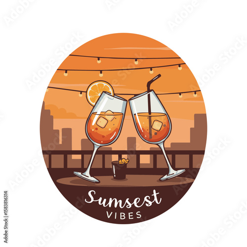 Clinking Glasses and ‘Sunset Vibes’ Rooftop Badge Icon