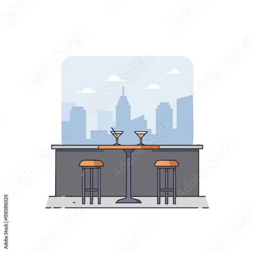 Rooftop Bar with Table, Stools and City View Flat Icon