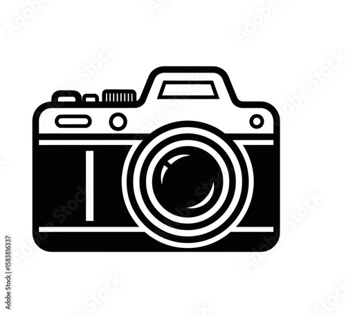 A simple black and white illustration of a DSLR camera.