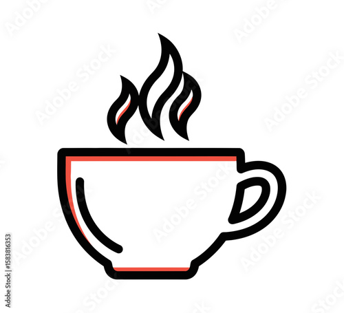 Simple illustration of a coffee cup with steam rising, outlined in bold black and red.
