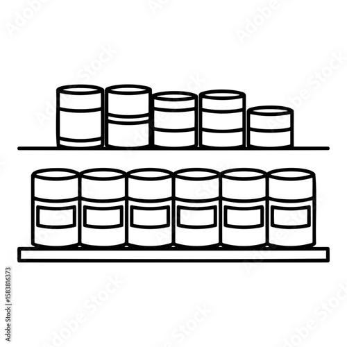 Canned goods neatly arranged on shelves in minimalist style, monochrome line drawing