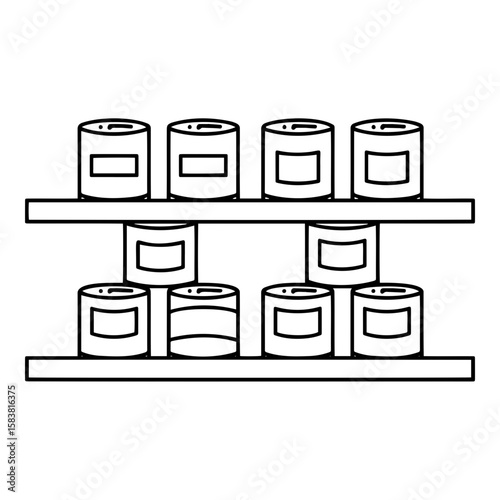 Canned goods on wooden shelf in minimalist style, monochrome line drawing,