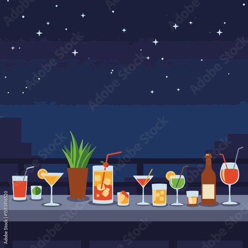 Rooftop Bar Counter with Drinks and Stars Flat Icon