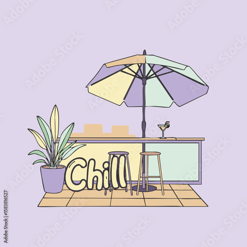 Rooftop Lounge with Umbrella and ‘Chill’ Label Flat Icon