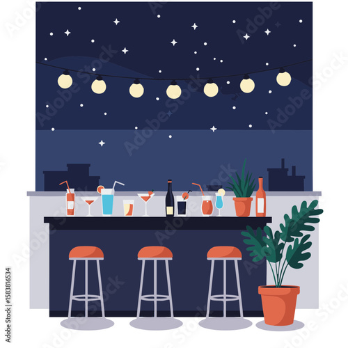 Rooftop Bar Counter with Drinks and Stars Flat Icon