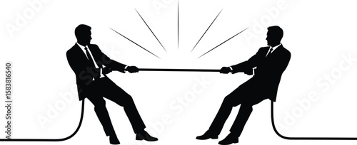 Businessmen in suit playing tug of war, corporate competition concept, leadership conflict silhouette illustration, vector design for teamwork metaphorBusinessmen in suit playing tug of war, 