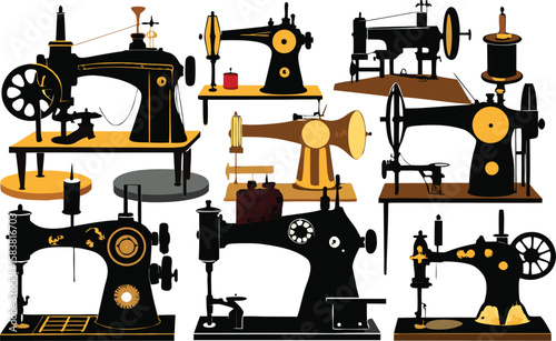 Antique Sewing Machine with Thread Spools in a Vintage Tailor’s Workspace

