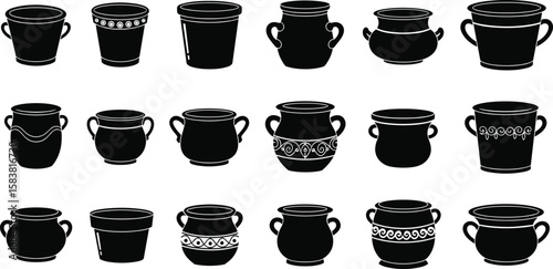 Collection of decorative antique pots, vintage ceramic containers, black silhouette clay jars with handles, ornamental vase icons, rustic pottery design