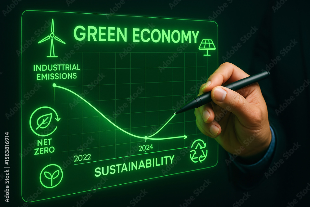 Fototapeta premium A futuristic visualization of green economy and sustainability projections depicting decreasing industrial emissions and a net zero future