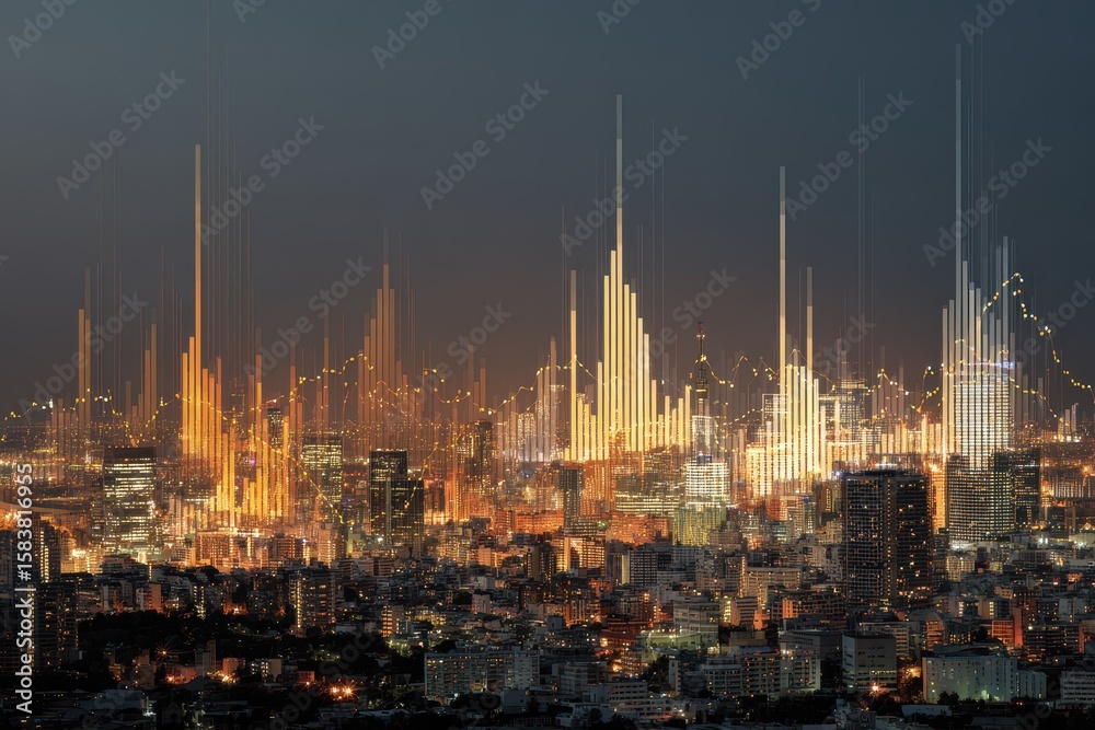 Fototapeta premium Visualization of advanced data analytics in urban cityscape showcasing trends and patterns at twilight