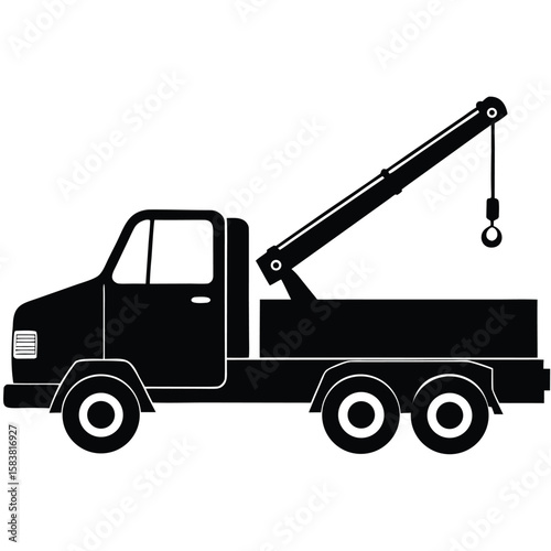 Black Tow Truck Depicting a Side View with a Towing Crane Arm