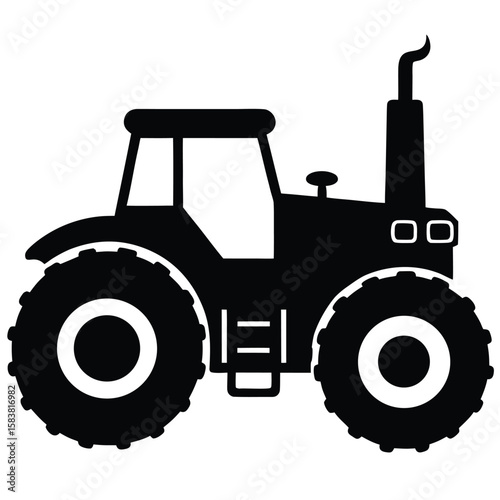 Black Tractor Silhouette Isolated on White, Farm Vehicle Side View, Agricultural Equipment