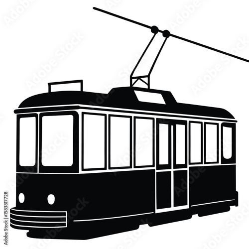 Black Silhouette Depicting a Classic Tram or Streetcar with Overhead Cable and Windows
