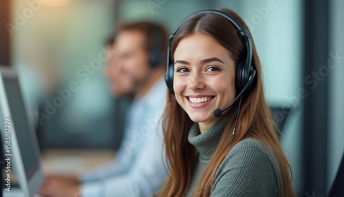 Smiling Female Customer Service Representative with Headset in Modern Office Setting.