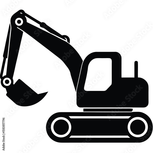Black silhouette of an excavator with bucket and treads against a white backdrop
