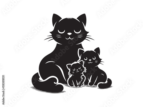 The cat has her kittens silhouette vector. The silhouette set of a cat and kitten has a modern design on a white background