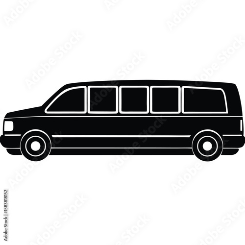 Isolated Silhouette of a Black Passenger Van with Windows and Wheels Shown