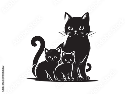 The cat has her kittens silhouette vector. The silhouette set of a cat and kitten has a modern design on a white background
