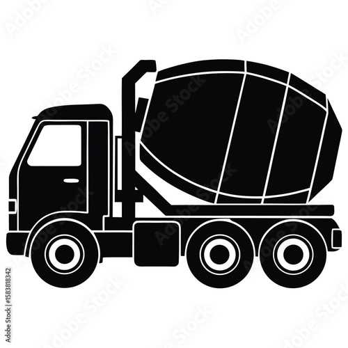 Silhouette Illustration of a Cement Mixer Truck with Multiple Wheels and Rotating Drum