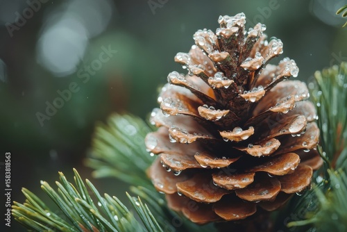 Close-up of a pine cone with water droplets on green needles during a rainy afternoon