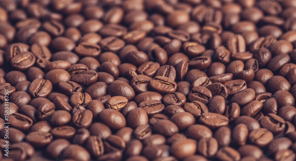 Fototapeta premium wide flat lay of medium roasted coffee beans spread across a surface