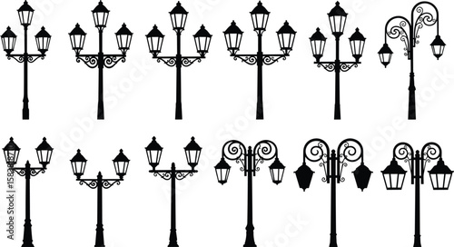 Set of vintage street lamp silhouettes, classic retro lantern designs, black ornate streetlight vector collection for architecture and urban decor