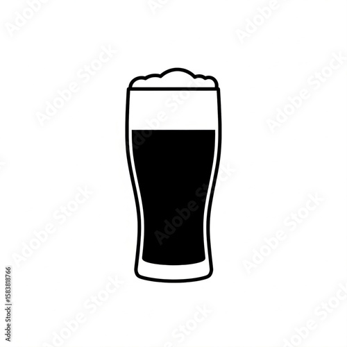A minimalist black and white icon of a pint glass filled with a dark beverage and a frothy head, centered on a white background.