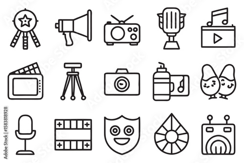 Set of 28 simple black line art icons for media and entertainment award ribbon