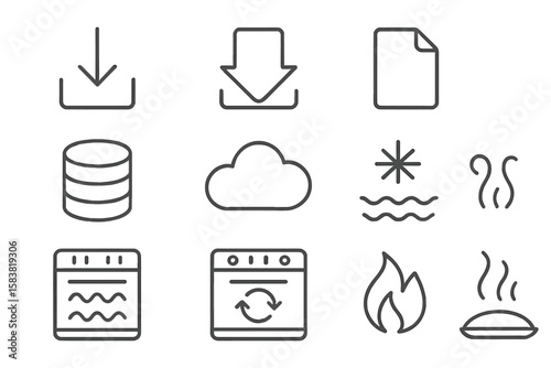 Versatile line icon collection. Download, upload arrow, file, data server, cloud technology. Oven cooking modes, heat, convection, steam, fire, defrost pictogram set.