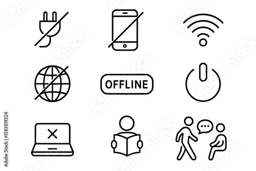 Digital detox line icon set. Unplug concept for mental health and wellness. No phone, no wi-fi, no internet signs. Offline lifestyle with reading, walking, communication.