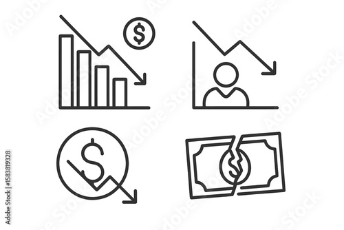Economic crisis line icons. Financial recession, investment loss, market crash. Vector symbols for bankruptcy, currency collapse, inflation, unemployment, poverty, debt.