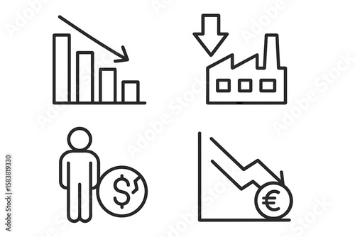 Economic crisis line icon set. Symbols for financial recession, business bankruptcy, market crash, inflation, investment loss, and currency devaluation. Outline vector sign.