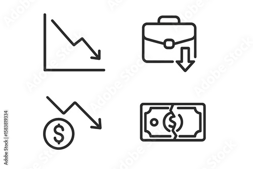 Economic crisis line icon set. Financial collapse, recession concept. Bankruptcy, investment loss, stock market crash. Business failure, unemployment, decline, decrease.