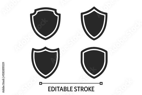 Set of 4 flat silhouette icons of protective shields. Knightly military shield insignia of different shapes. Vector elements with editable stroke for security and safety.