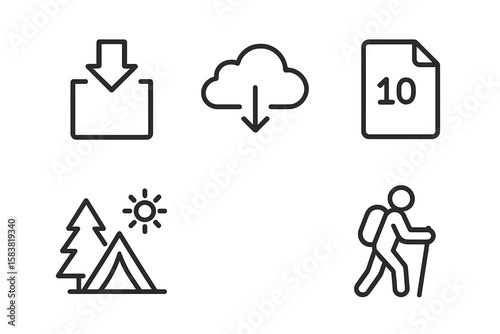 Mixed outline icon set combining technology and travel. Vector symbols for digital download, cloud data storage, file document, and outdoor activity pictograms for hiking, camping.