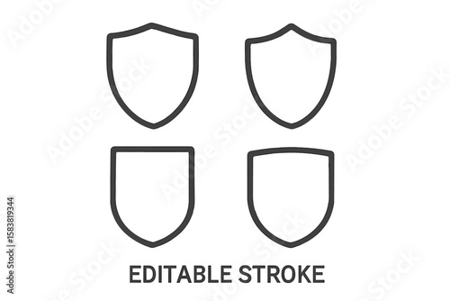 Editable stroke shield icon set. Flat silhouette vector icons of protective shields. Knightly military insignia, emblem, and crest shapes for security and protection.