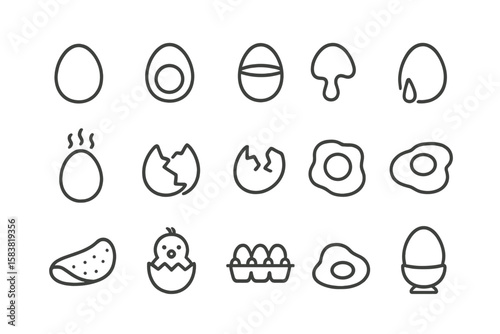 Egg line icon set. Vector pictogram collection of cooking and food symbols. Includes boiled, fried, poached, broken egg, omelette, chick, and egg tray for breakfast concepts.