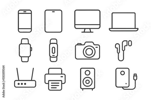 Electronic devices line icon set. Smart mobile gadgets collection. Computer, laptop, phone, tablet, watch, camera, speaker for web and UI design. Outline vector icons.