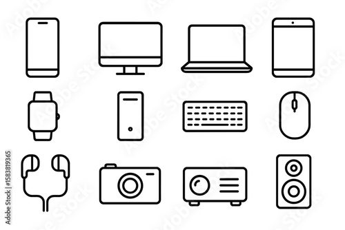 Electronic devices line icon set. Smart gadgets, computer, laptop, phone, tablet, watch, camera, projector, speaker. Technology outline vector icons in linear style.