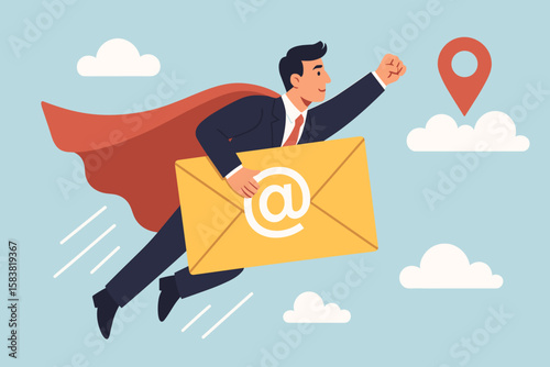 Businessman superhero flying with email envelope. Email marketing campaign concept. Fast message delivery and communication for business. Newsletter subscription service.