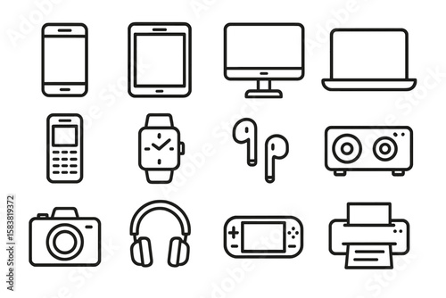 Electronic devices line icon set. Smart mobile gadgets like computer, laptop, phone, tablet, watch, speaker, camera, headphones. Technology outline vector icons linear style.