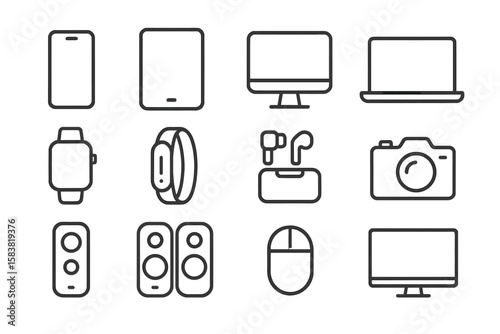 Electronic devices line icon set. Smart gadgets collection with computer, laptop, phone, tablet, watch, camera. Technology outline vector icons for web and mobile apps.