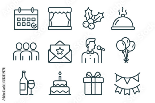 Event planning and celebration line icon set. Outline icons for party organization, holiday, catering, invitation, entertainment, decoration. Vector graphic elements.