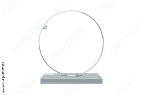 Glass award trophy mockup. Blank crystal prize on isolated background. Acrylic circle plaque for winner recognition. Round glass souvenir for achievement ceremony.