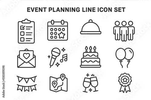 Event planning and celebration line icon set. Vector symbols for party organization, holiday, catering, invitation, entertainment, and decoration. Outline icons in linear style.