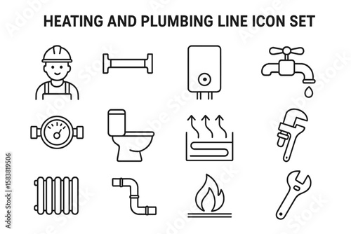 Heating and plumbing line icon set. Plumber service, pipe, boiler, tap, meter, toilet, heated floor, gas, wrench. Vector outline pictogram collection for repair work.