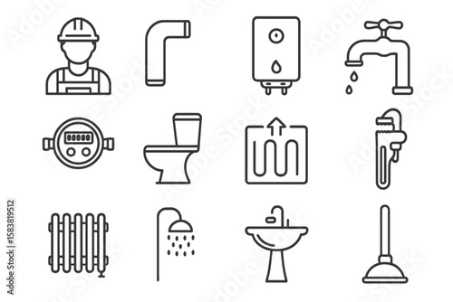 Heating and plumbing line icon set. Plumber service, pipe, boiler, tap, water meter, toilet, heated floor, wrench, radiator, shower. Outline vector pictogram symbols.