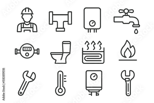 Heating and plumbing service line icon set. Plumber, pipe, boiler, faucet, water meter, toilet, heated towel rail, gas, wrench. Sanitary engineering vector pictogram.