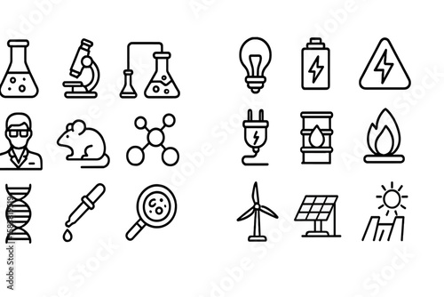 Science and energy line icon set. Laboratory research, chemistry, biology pictograms. Renewable power, electricity, fossil fuel symbols. Outline vector illustration.